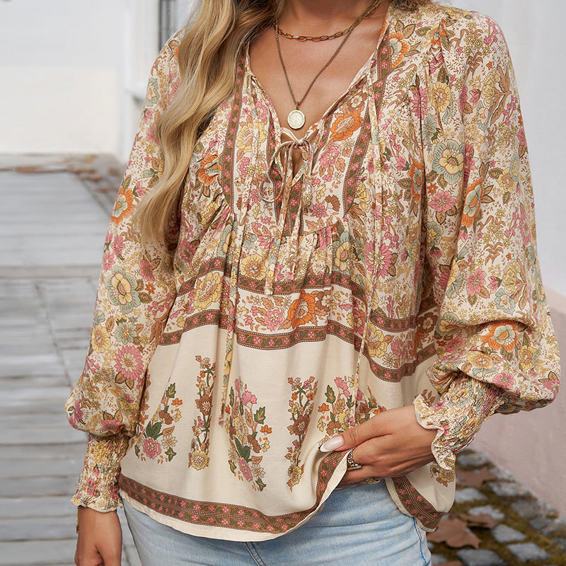 Vaelissea | Dames boho blouse met lange mouwen, V-hals en bloemenprint – retro casual blouse