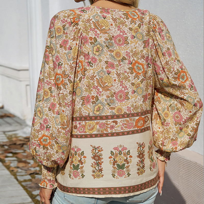 Vaelissea | Dames boho blouse met lange mouwen, V-hals en bloemenprint – retro casual blouse