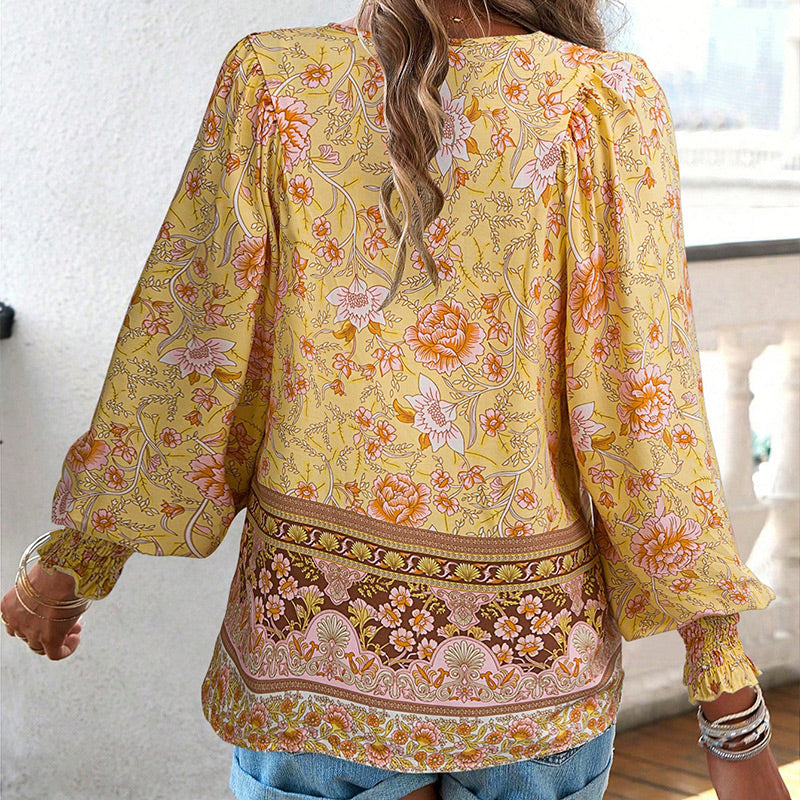 Vaelissea | Dames boho blouse met lange mouwen, V-hals en bloemenprint – retro casual blouse