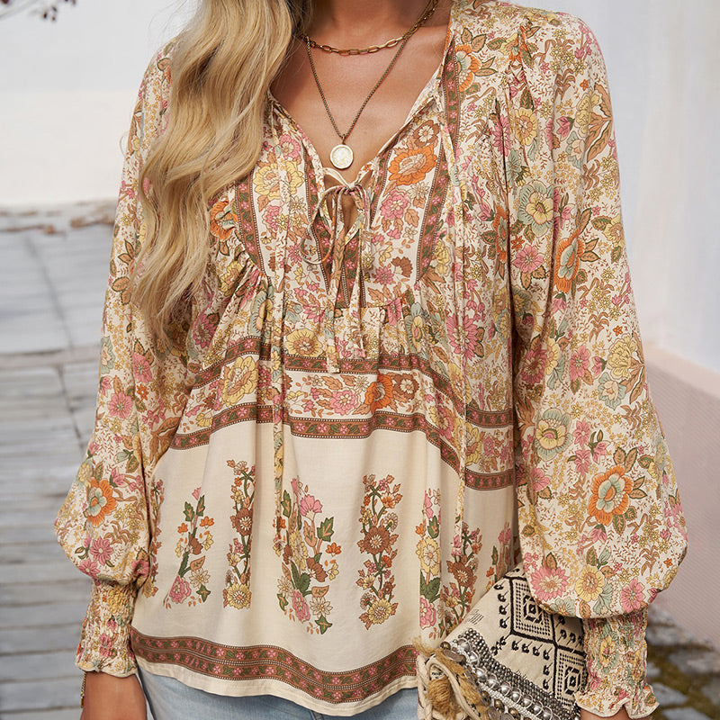Vaelissea | Dames boho blouse met lange mouwen, V-hals en bloemenprint – retro casual blouse