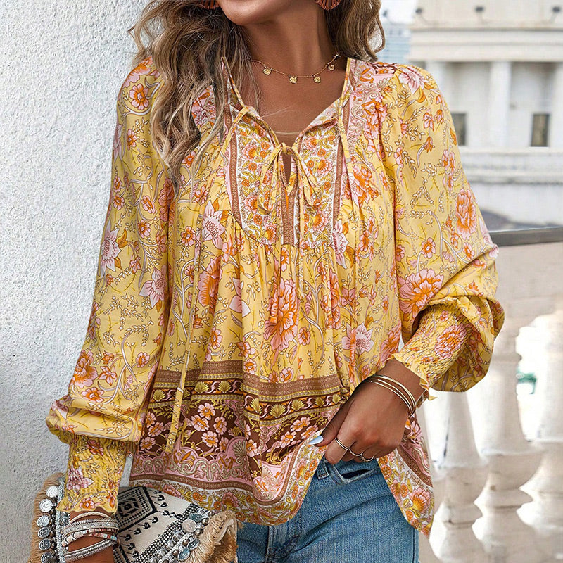 Vaelissea | Dames boho blouse met lange mouwen, V-hals en bloemenprint – retro casual blouse