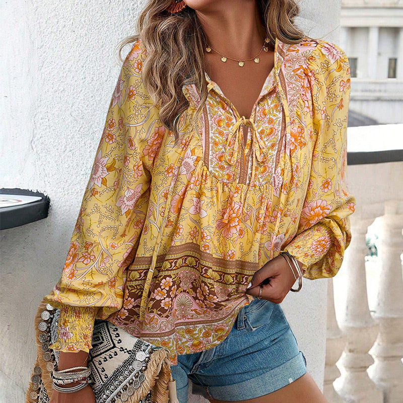 Vaelissea | Dames boho blouse met lange mouwen, V-hals en bloemenprint – retro casual blouse