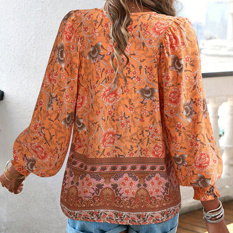 Vaelissea | Dames boho blouse met lange mouwen, V-hals en bloemenprint – retro casual blouse