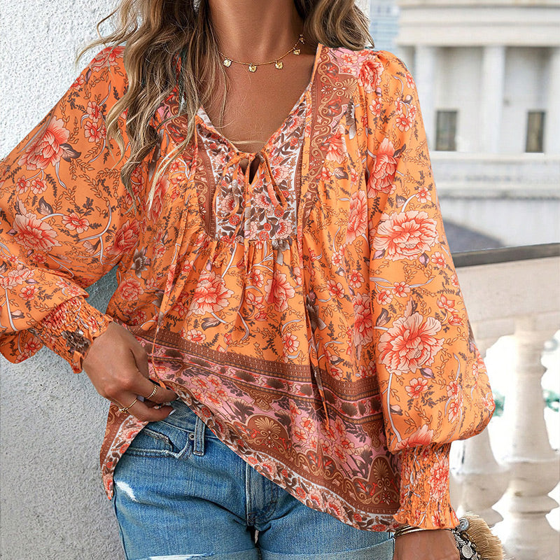 Vaelissea | Dames boho blouse met lange mouwen, V-hals en bloemenprint – retro casual blouse