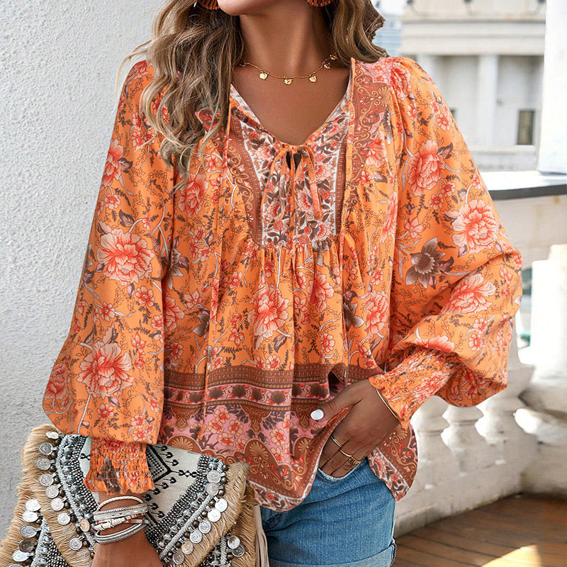 Vaelissea | Dames boho blouse met lange mouwen, V-hals en bloemenprint – retro casual blouse