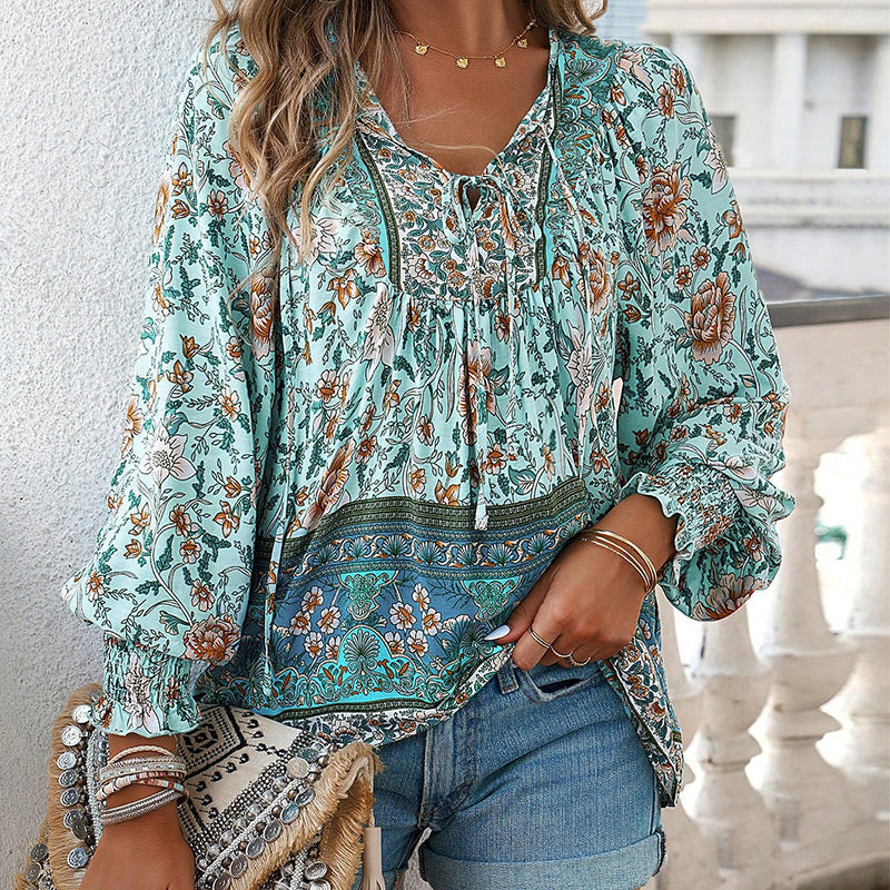 Vaelissea | Dames boho blouse met lange mouwen, V-hals en bloemenprint – retro casual blouse