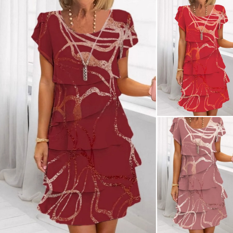 Romila | Gelaagde Ruffle Midi Jurk voor Dames – Elegante Vrouwelijke Zomerjurk met Korte Mouwen