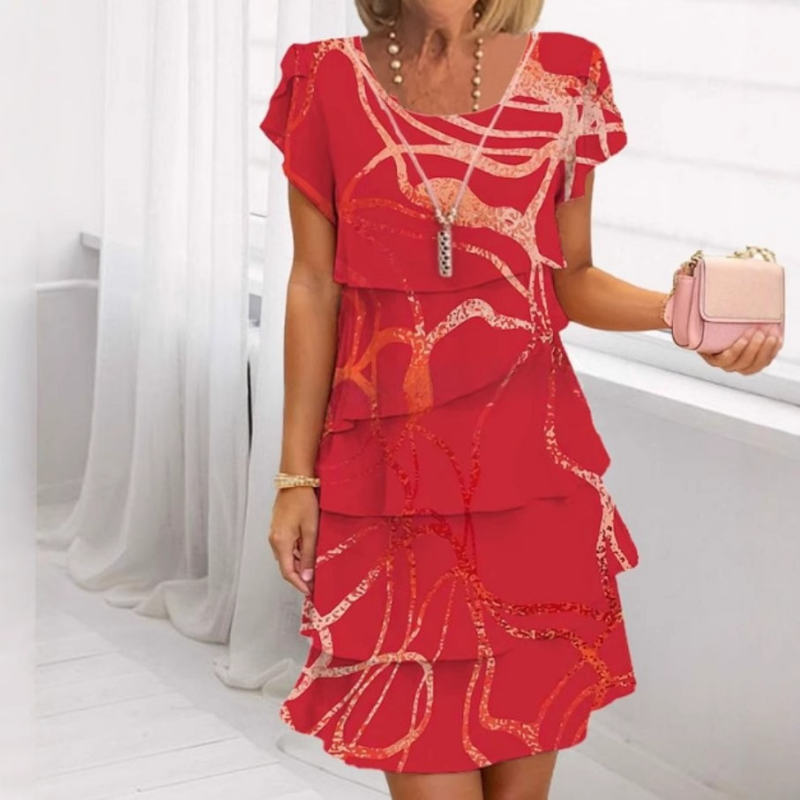 Romila | Gelaagde Ruffle Midi Jurk voor Dames – Elegante Vrouwelijke Zomerjurk met Korte Mouwen