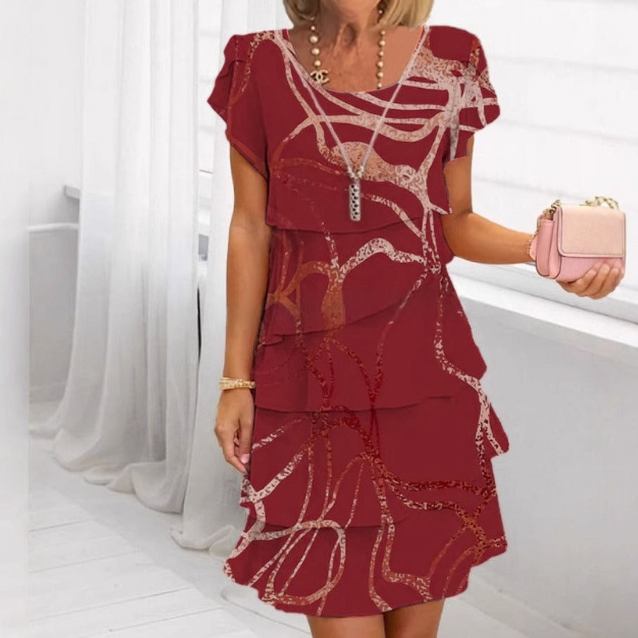 Romila | Gelaagde Ruffle Midi Jurk voor Dames – Elegante Vrouwelijke Zomerjurk met Korte Mouwen