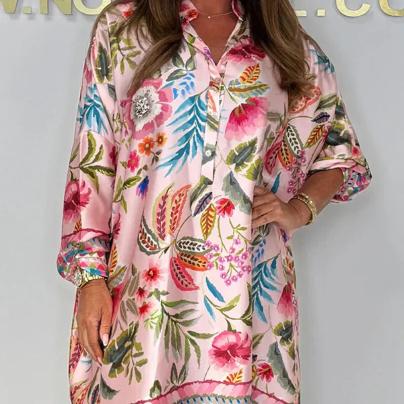Virelora | Damesjurk met bloemenprint, V-hals en knoopsluiting aan de voorkant