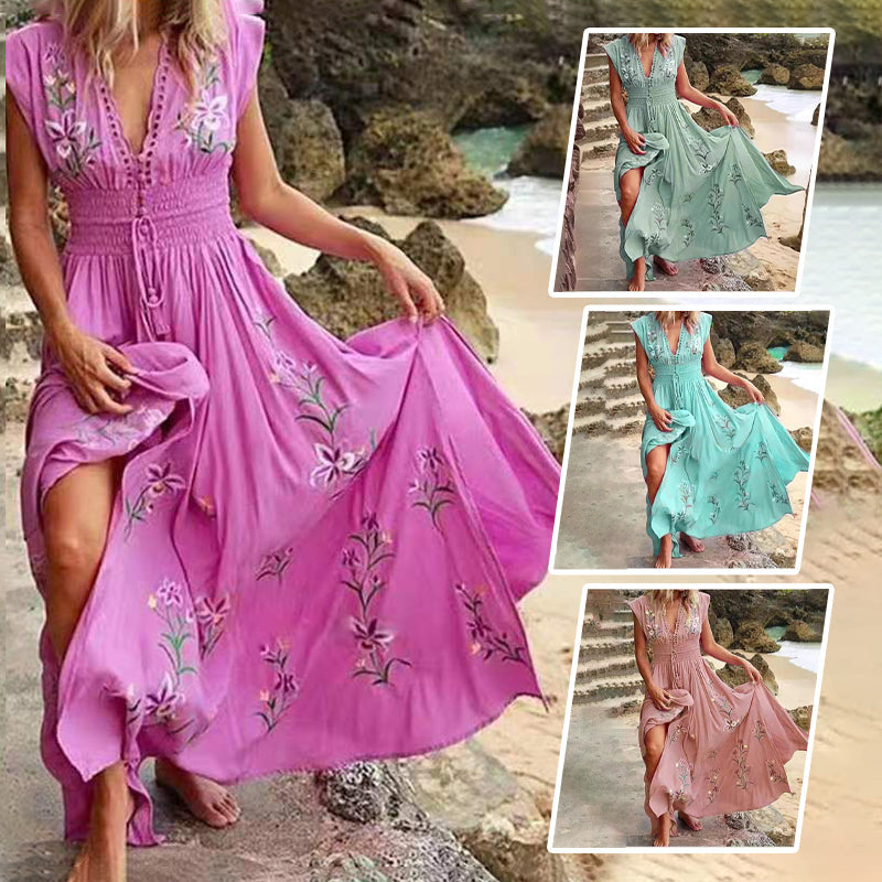 Elowenne | Mouwloze geborduurde zomer maxi-jurk voor dames – elegante lange boho-stijl