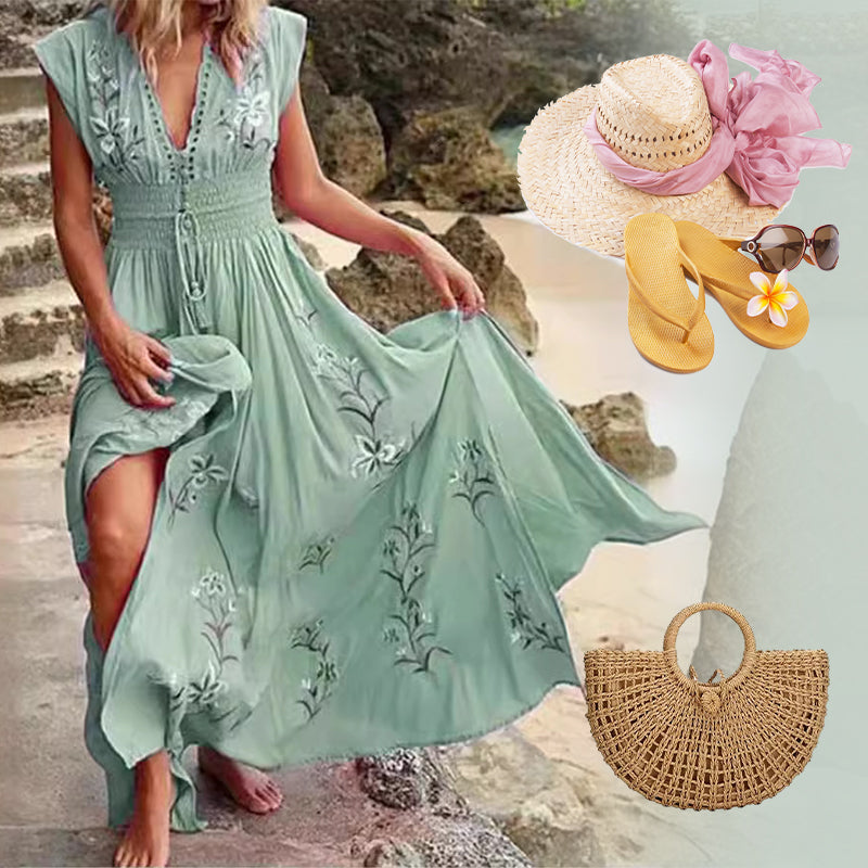 Elowenne | Mouwloze geborduurde zomer maxi-jurk voor dames – elegante lange boho-stijl