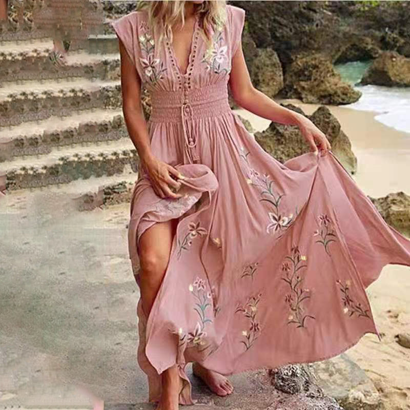 Elowenne | Mouwloze geborduurde zomer maxi-jurk voor dames – elegante lange boho-stijl