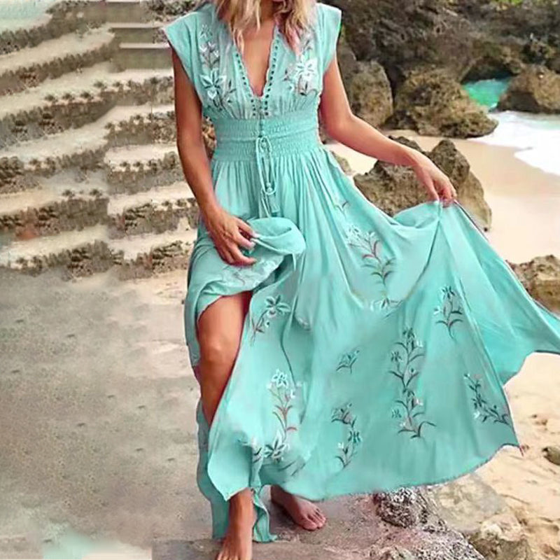 Elowenne | Mouwloze geborduurde zomer maxi-jurk voor dames – elegante lange boho-stijl