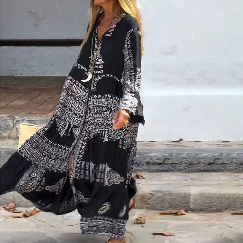Kaelina | Zomerse boho-jurk voor dames – Midi-jurk met relaxte pasvorm en tijdloos ontwerp