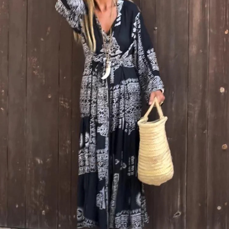 Kaelina | Zomerse boho-jurk voor dames – Midi-jurk met relaxte pasvorm en tijdloos ontwerp