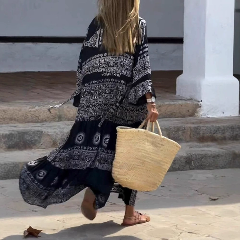 Kaelina | Zomerse boho-jurk voor dames – Midi-jurk met relaxte pasvorm en tijdloos ontwerp