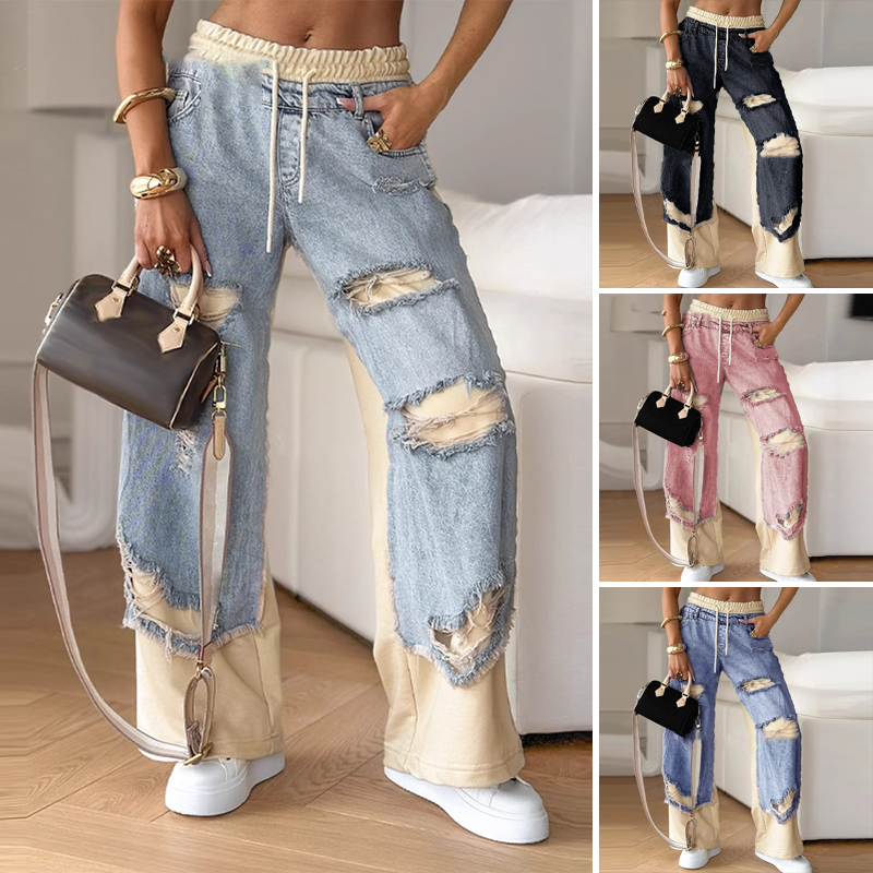 Galina | Pantalon en denim décontracté pour femme – Taille élastique, cordon de serrage, effet usé, style décontracté et confortable