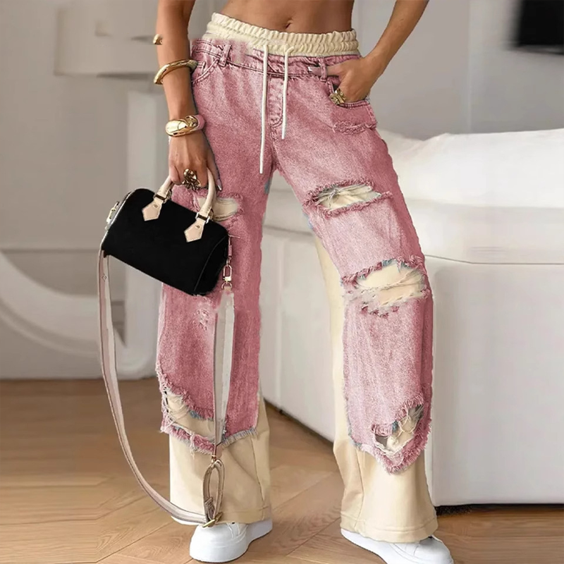 Galina | Pantalon en denim décontracté pour femme – Taille élastique, cordon de serrage, effet usé, style décontracté et confortable