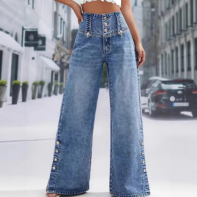 Brynza | Dames Denim met Verhoogde Taille en Gespleten Zoom – FlowFit Wijde Broekspijpen Jeans