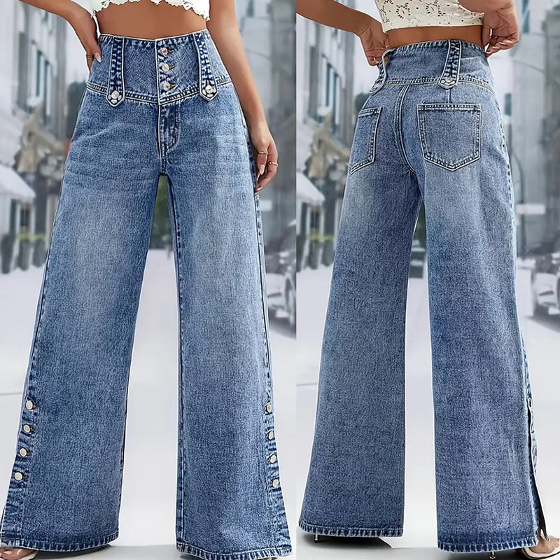 Brynza | Dames Denim met Verhoogde Taille en Gespleten Zoom – FlowFit Wijde Broekspijpen Jeans