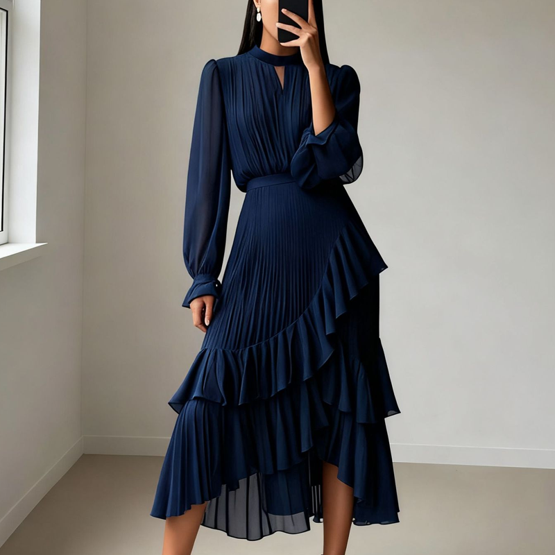 Ielora | Luxe PleatFlow midi-jurk – Elegante, soepel vallende A-lijn jurk voor speciale gelegenheden