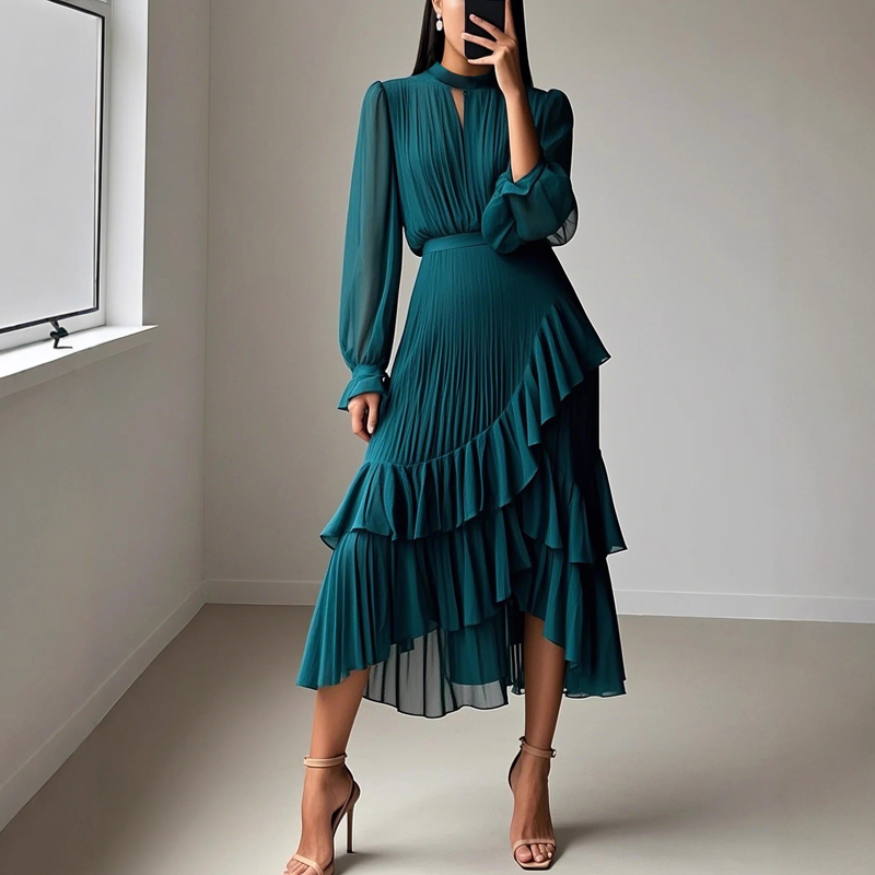 Ielora | Luxe PleatFlow midi-jurk – Elegante, soepel vallende A-lijn jurk voor speciale gelegenheden