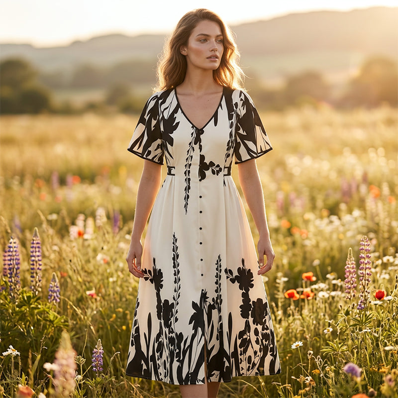 Selirae | Botanische midijurk voor dames – Elegante zomerjurk met V-hals
