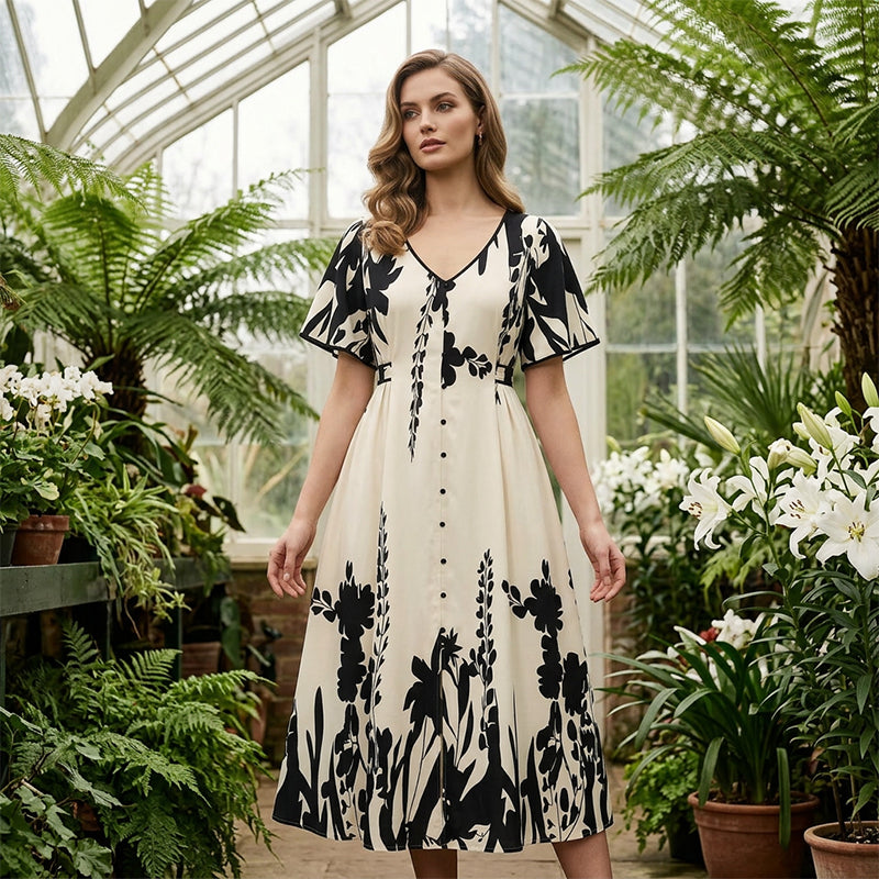 Selirae | Botanische midijurk voor dames – Elegante zomerjurk met V-hals