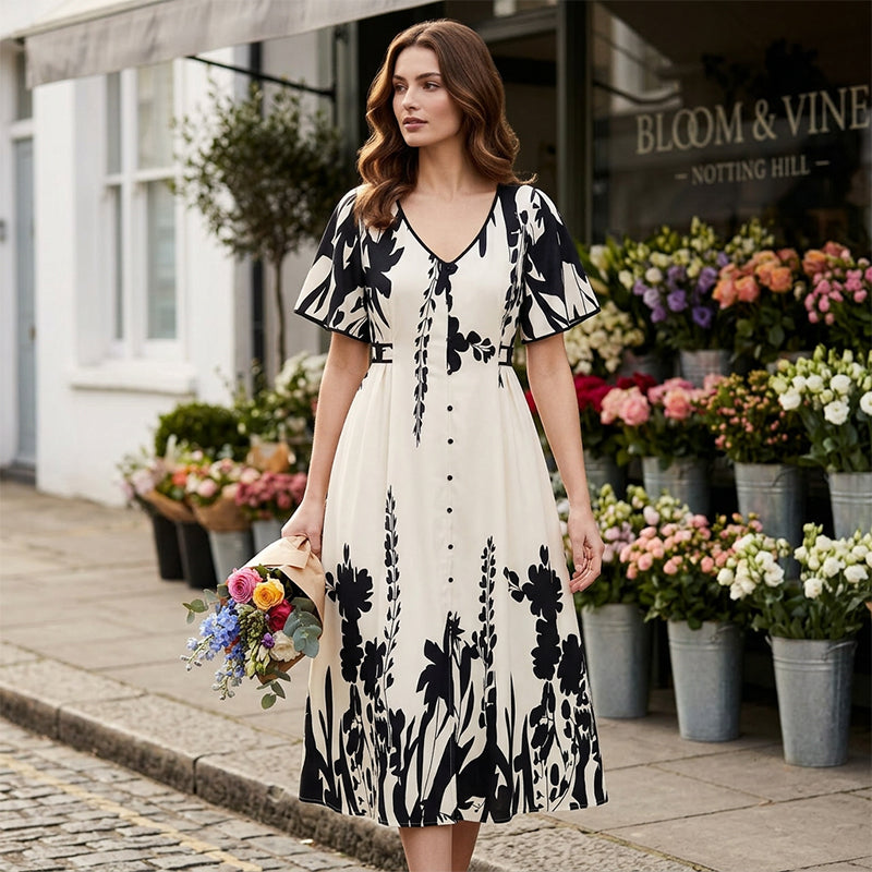 Selirae | Botanische midijurk voor dames – Elegante zomerjurk met V-hals