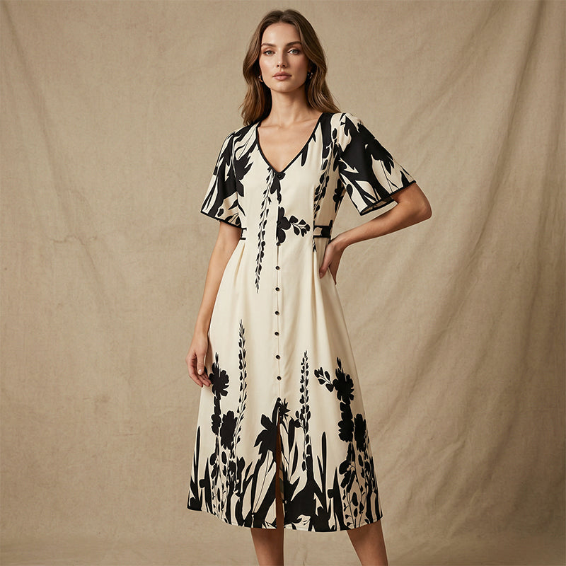 Selirae | Botanische midijurk voor dames – Elegante zomerjurk met V-hals