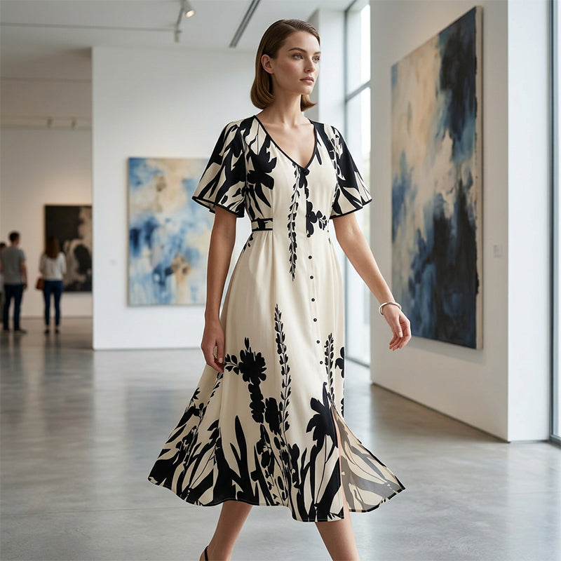 Selirae | Botanische midijurk voor dames – Elegante zomerjurk met V-hals