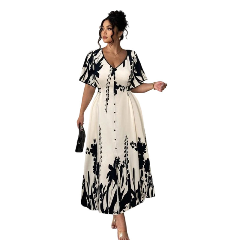 Selirae | Botanische midijurk voor dames – Elegante zomerjurk met V-hals