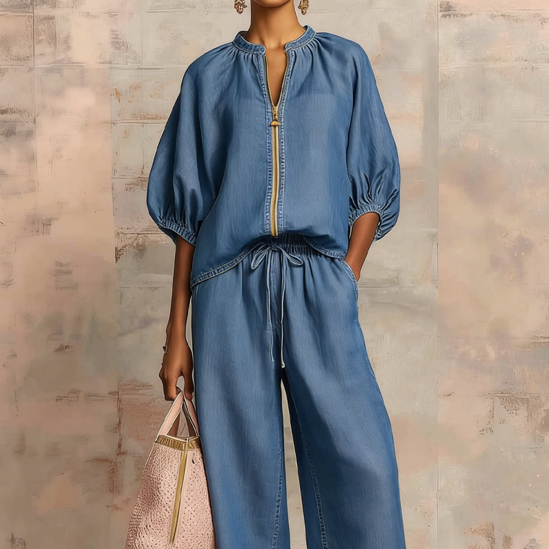 Elzoria | Elegante tweedelige damesoutfit: top met pofmouwen en palazzo-broek met wijde pijpen