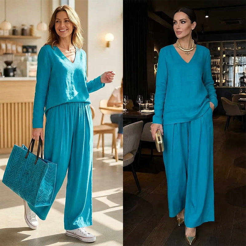 Vellyra | Tweedelige loungeset voor dames: top met V-hals en broek met wijde pijpen