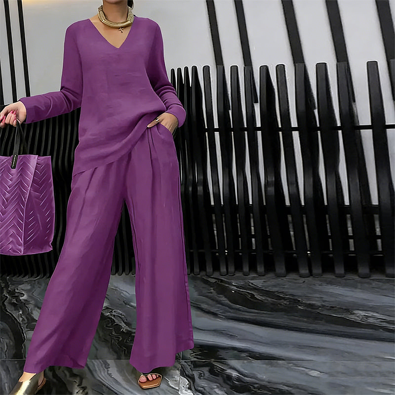 Vellyra | Tweedelige loungeset voor dames: top met V-hals en broek met wijde pijpen