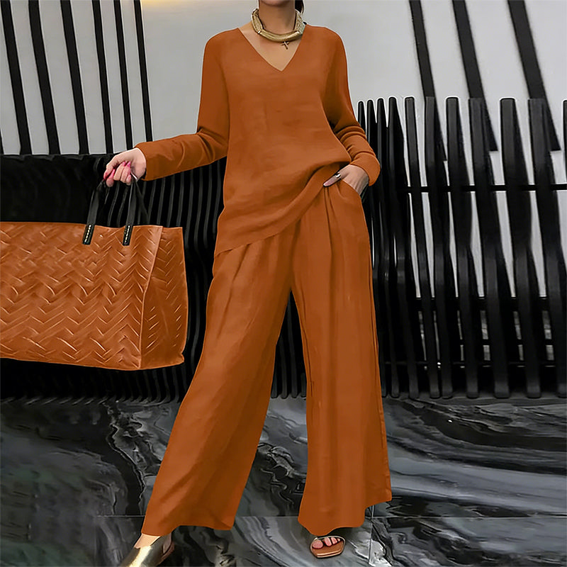Vellyra | Tweedelige loungeset voor dames: top met V-hals en broek met wijde pijpen