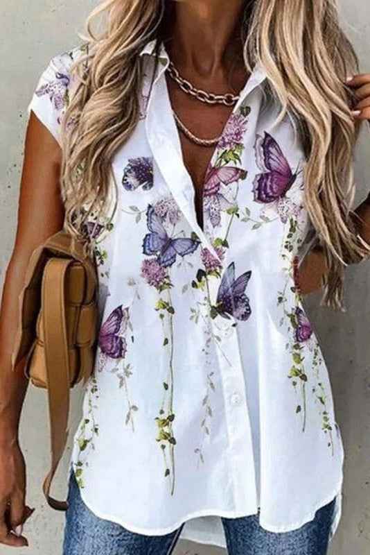 Veliyana | Damesblouse met vlinderprint – korte mouwen, lichtgewicht en ademend topje