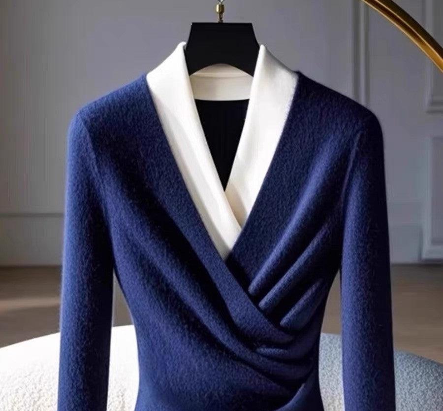 Coralia | Damen-Pullover mit V-Ausschnitt und blauem Wickeldesign – Bequemer Strickpullover mit langen Ärmeln