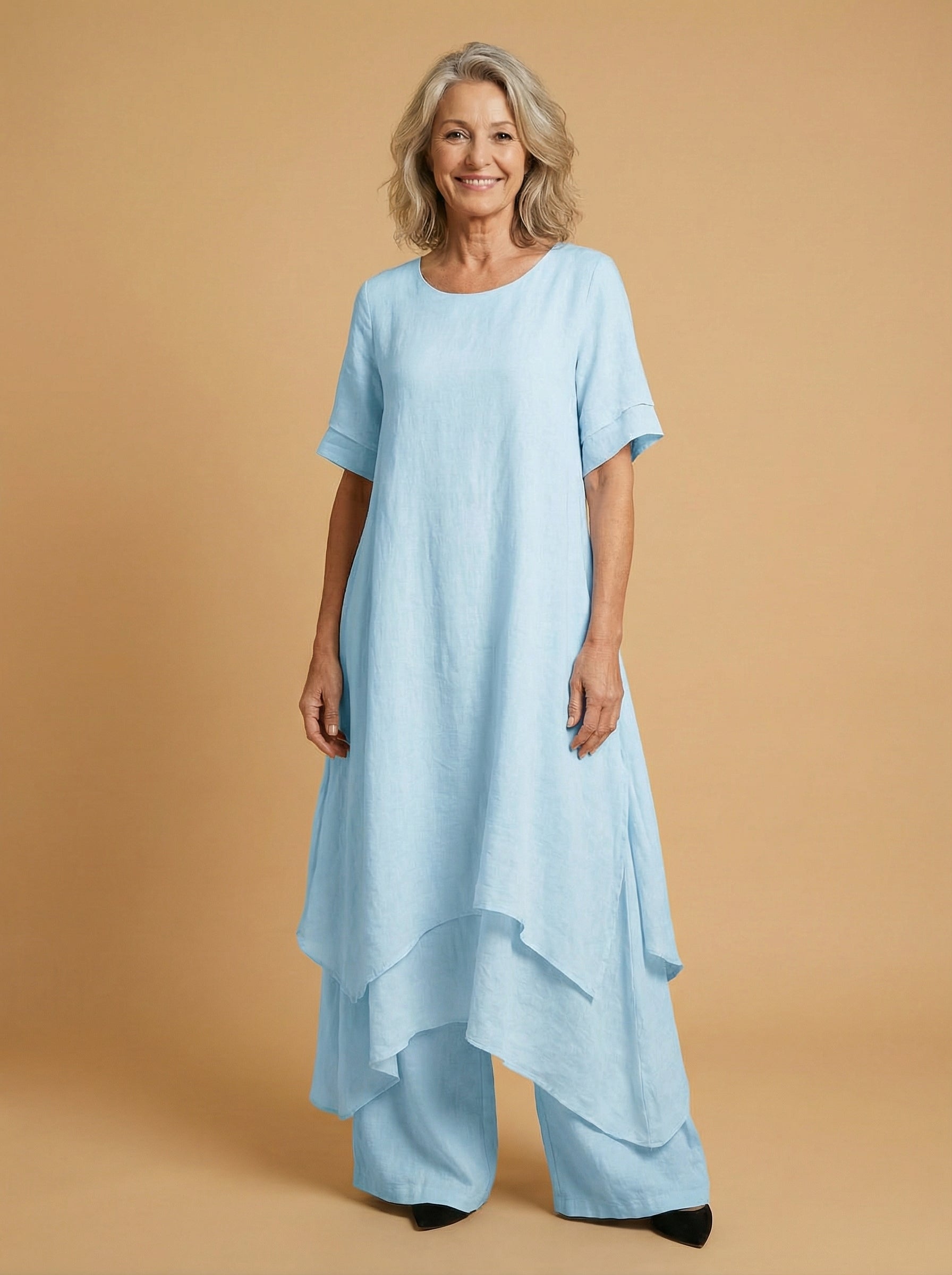 Sorellea | Losse Zomerjurk – Gelaagde Casual Midi Jurk met Halve Mouwen