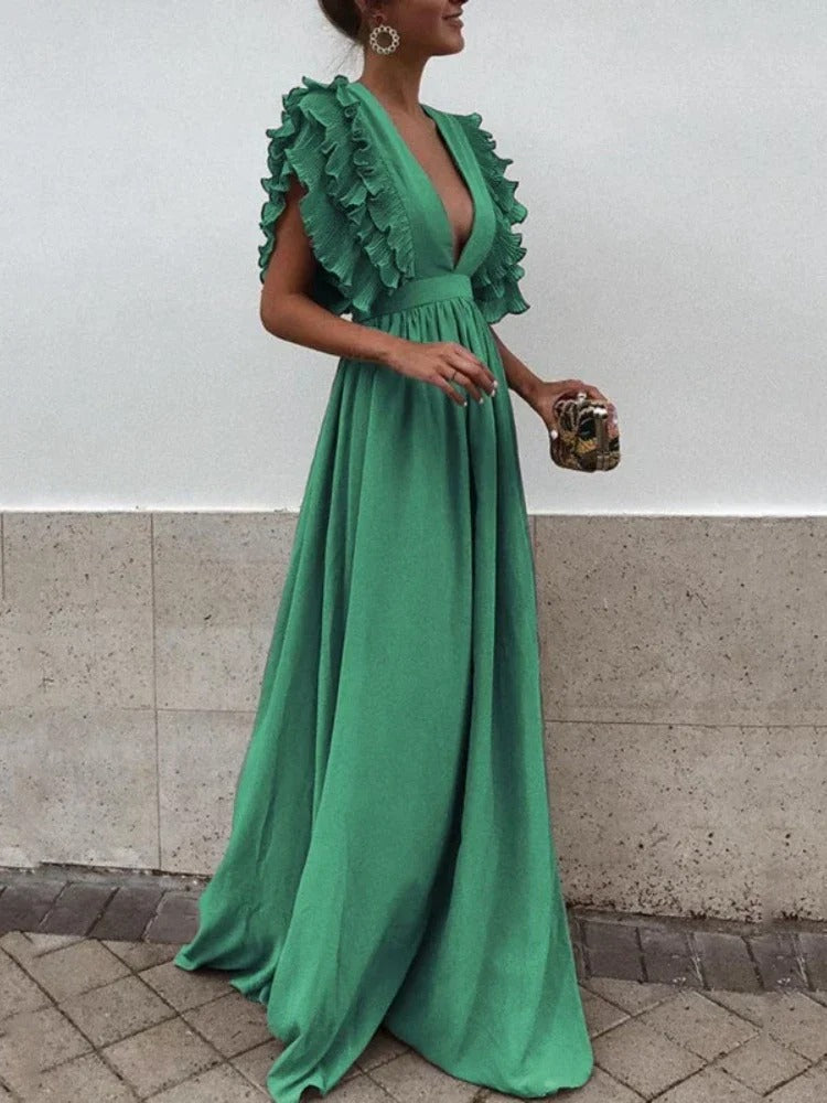 Elunira | Elegante maxi-jurk met V-hals en franjes aan de mouwen voor dames