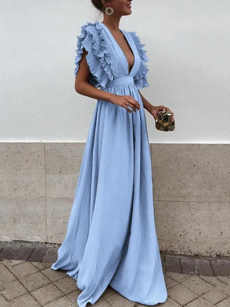 Elunira | Elegante maxi-jurk met V-hals en franjes aan de mouwen voor dames