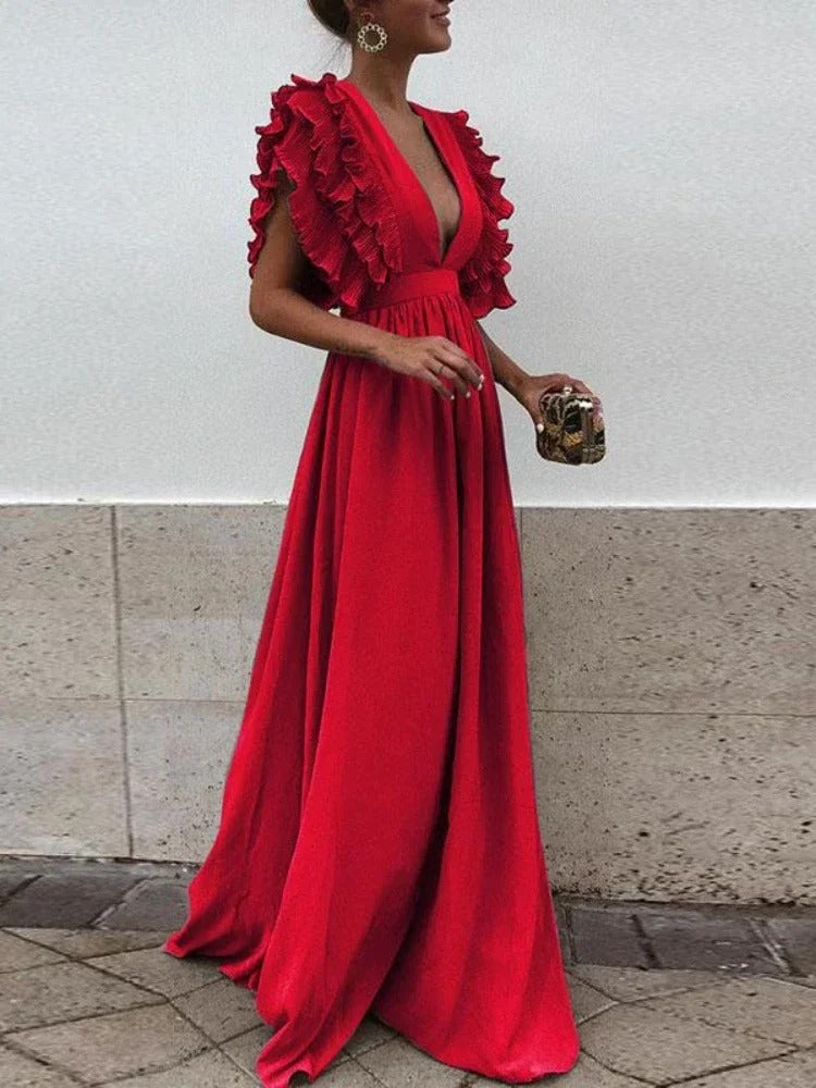 Elunira | Elegante maxi-jurk met V-hals en franjes aan de mouwen voor dames