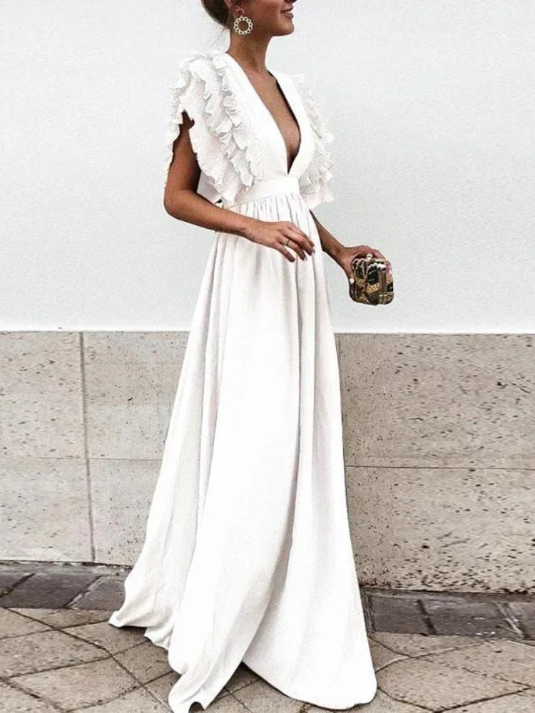 Elunira | Elegante maxi-jurk met V-hals en franjes aan de mouwen voor dames