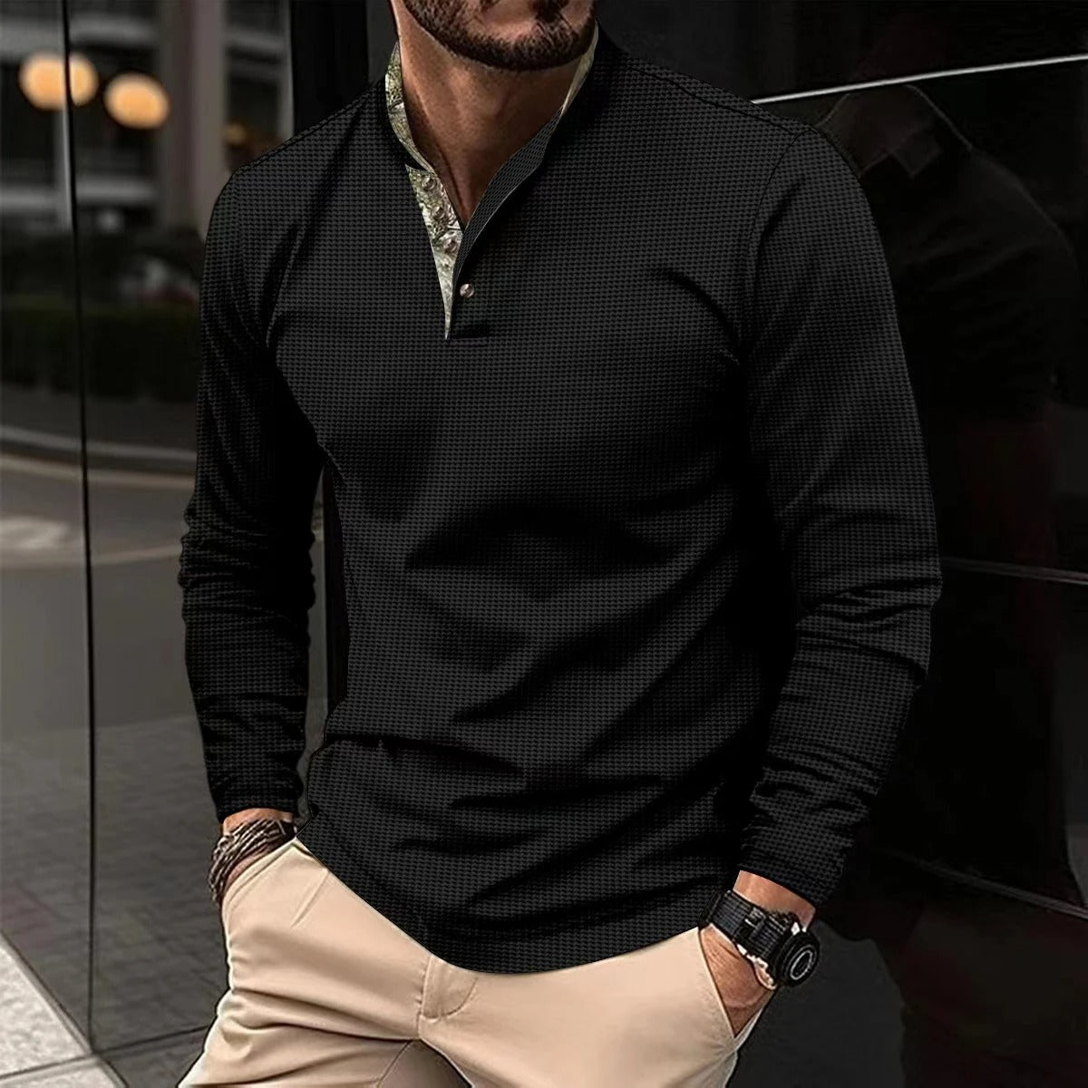 Volkmar | Langärmliges Herren-Poloshirt aus Baumwolljersey, lässiges Herbstoberteil mit farbigem Kragen