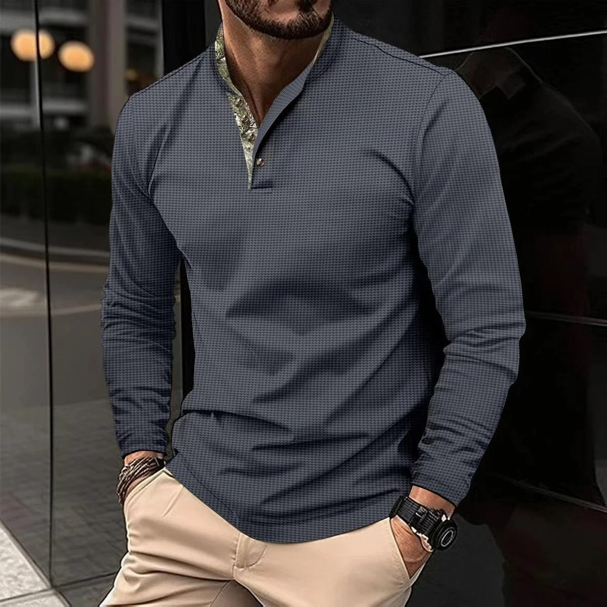 Volkmar | Langärmliges Herren-Poloshirt aus Baumwolljersey, lässiges Herbstoberteil mit farbigem Kragen