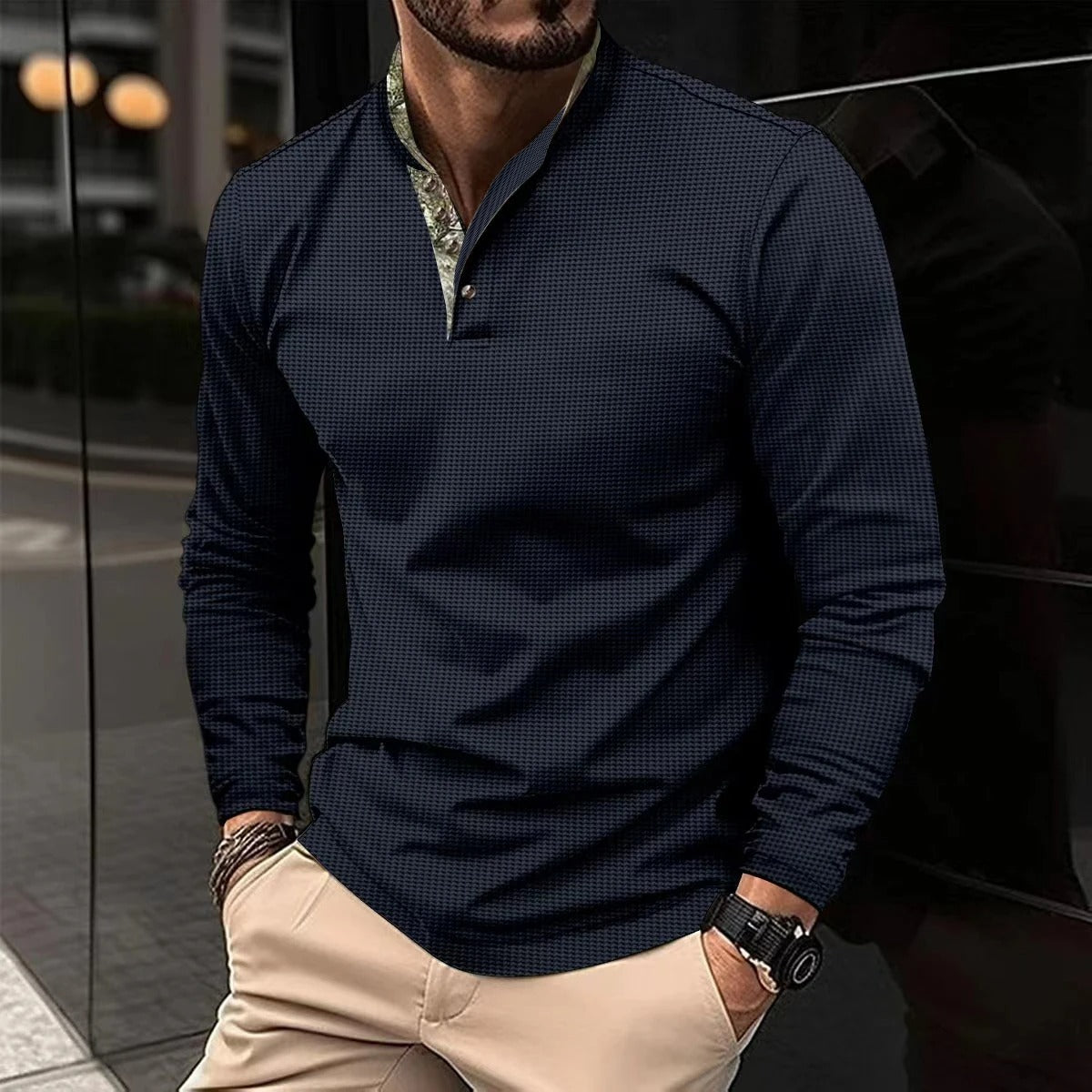 Volkmar | Langärmliges Herren-Poloshirt aus Baumwolljersey, lässiges Herbstoberteil mit farbigem Kragen