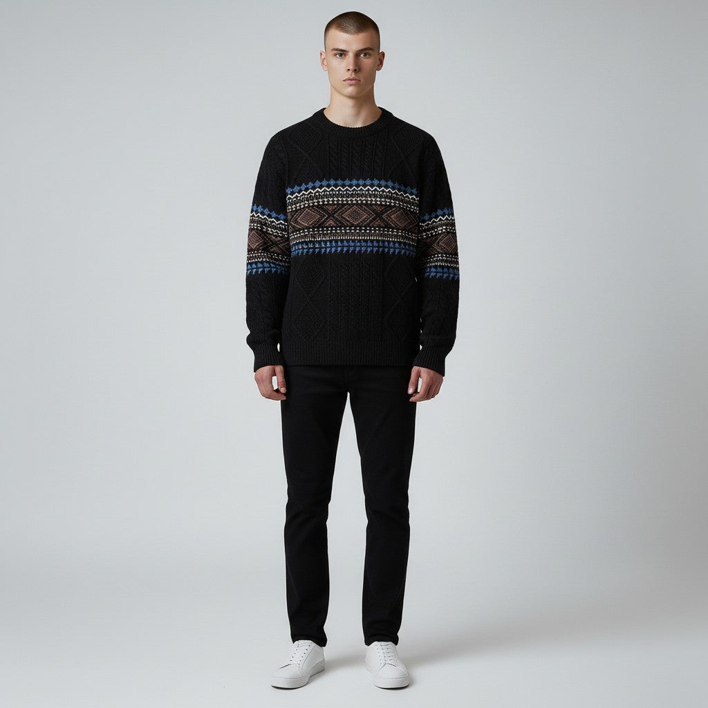 Harkin | Heren trui in tribale stijl – Dikke pullover met jacquard kabelpatroon, casual streetwear