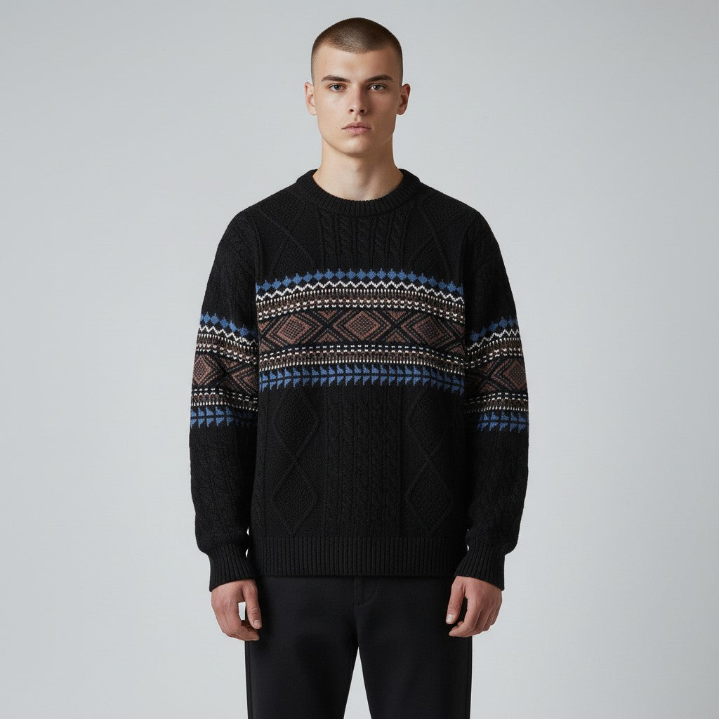 Harkin | Heren trui in tribale stijl – Dikke pullover met jacquard kabelpatroon, casual streetwear