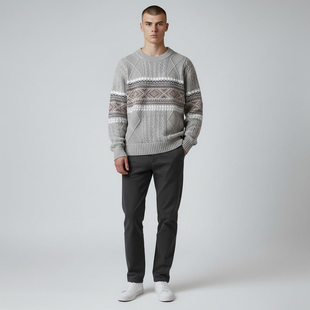 Harkin | Heren trui in tribale stijl – Dikke pullover met jacquard kabelpatroon, casual streetwear